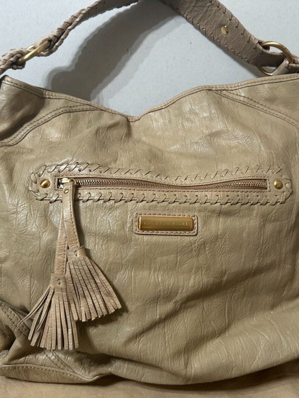 Isabella Fiore Laser Cut Mandala Woven Leather Hobo Taupe Gold Hardware - Picture 2 of 5